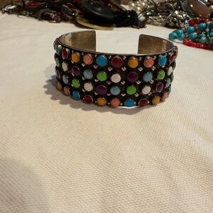 Vintage Navajo Sterling Multi color stone cuff bracelet signed unknown maker